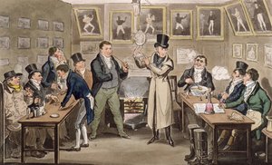 Cribb&39;s Parlor: Tom apresentando Jerry e Logic ao Champion of England, de &39;Life in London&39; de Pierce Egan, 1821 (colorido aquatint) de Isaac, Robert and George Cruikshank